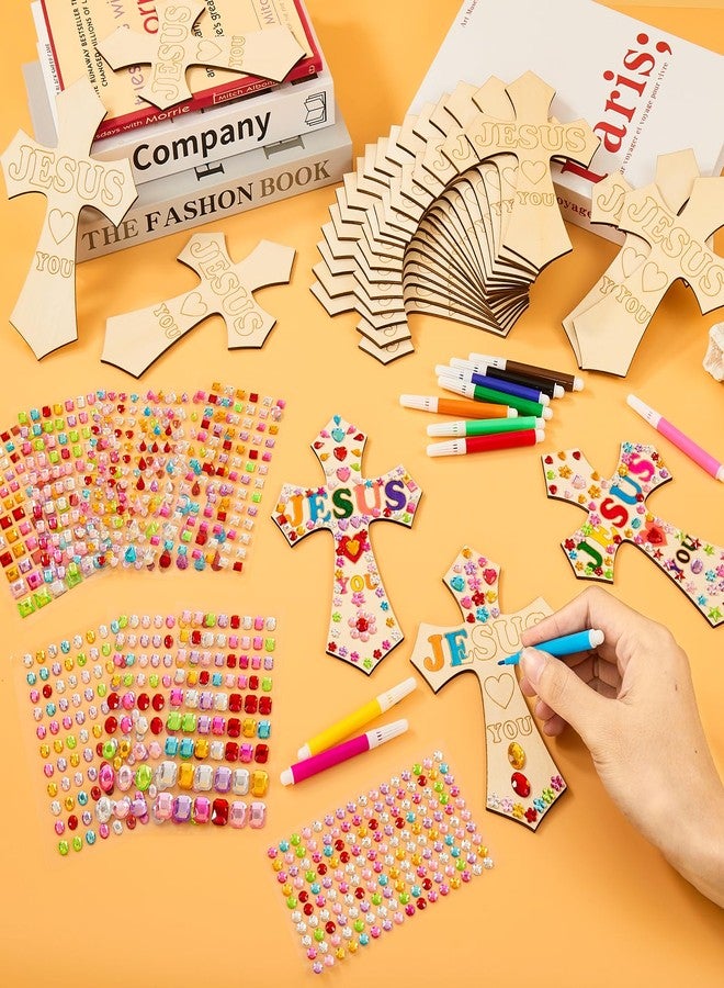 PLUVAVA 36 Pieces Wood Cross Crafts for Kids DIY Wooden Cross for Christian Jesus Sunday School Vacation Bible School Crafts Supplies with 14 Pieces Stickers and 24 Pieces Watercolor Pens (Exquisite Style) - Image 4